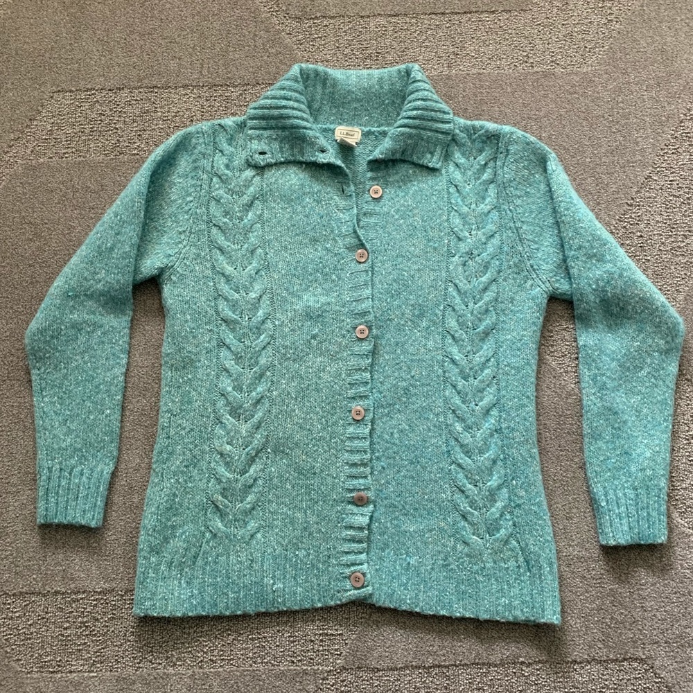 L.L. Bean Dark Seafoamy Green Button Front Collared Sweater